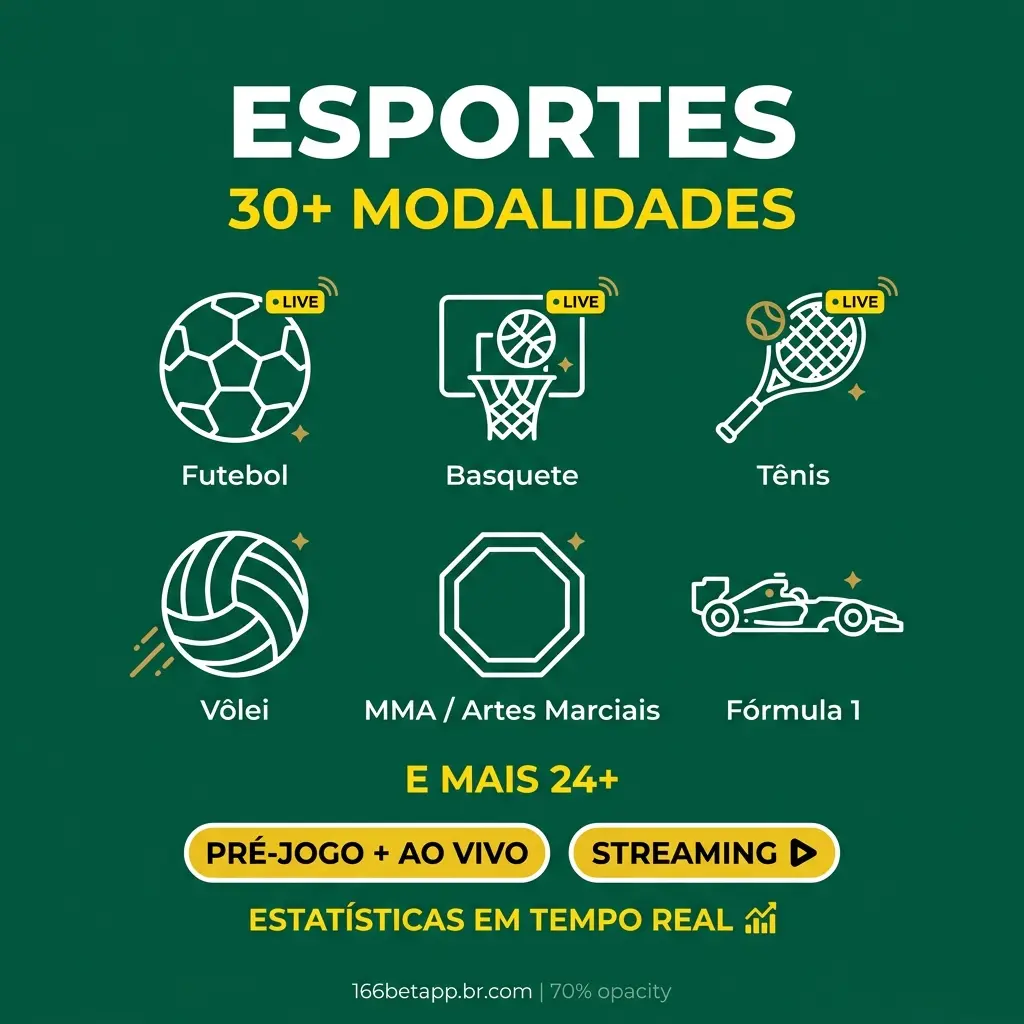 Variedade de esportes no aplicativo 166bet - mais de 30 modalidades com mercados pré-jogo e ao vivo para apostas.