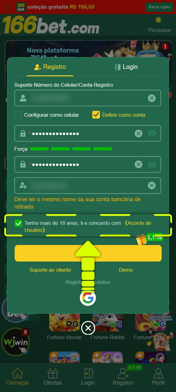 Defina a moeda da conta durante o seu cadastro na 166bet.
