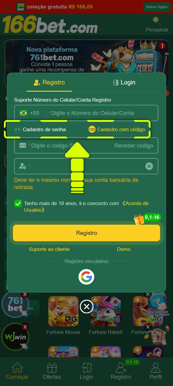 Selecione a melhor opção de cadastro para criar conta na 166bet.