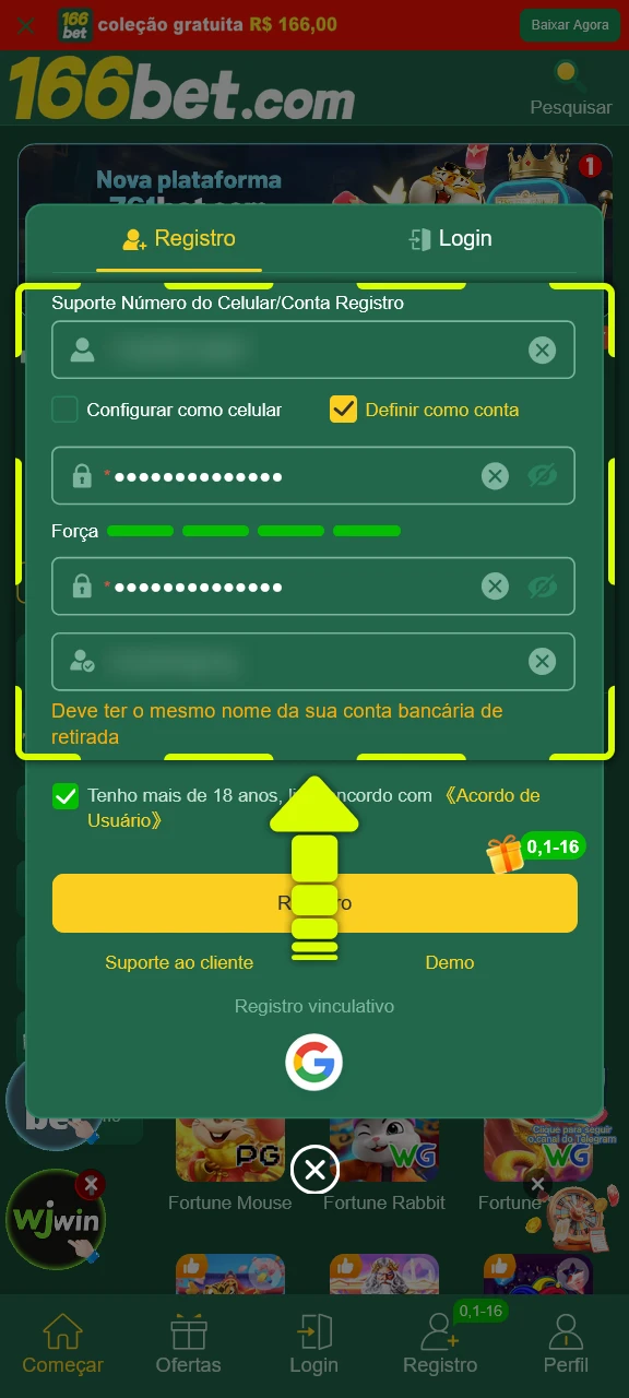 Preencha o formulário de cadastro com seus dados na 166bet.