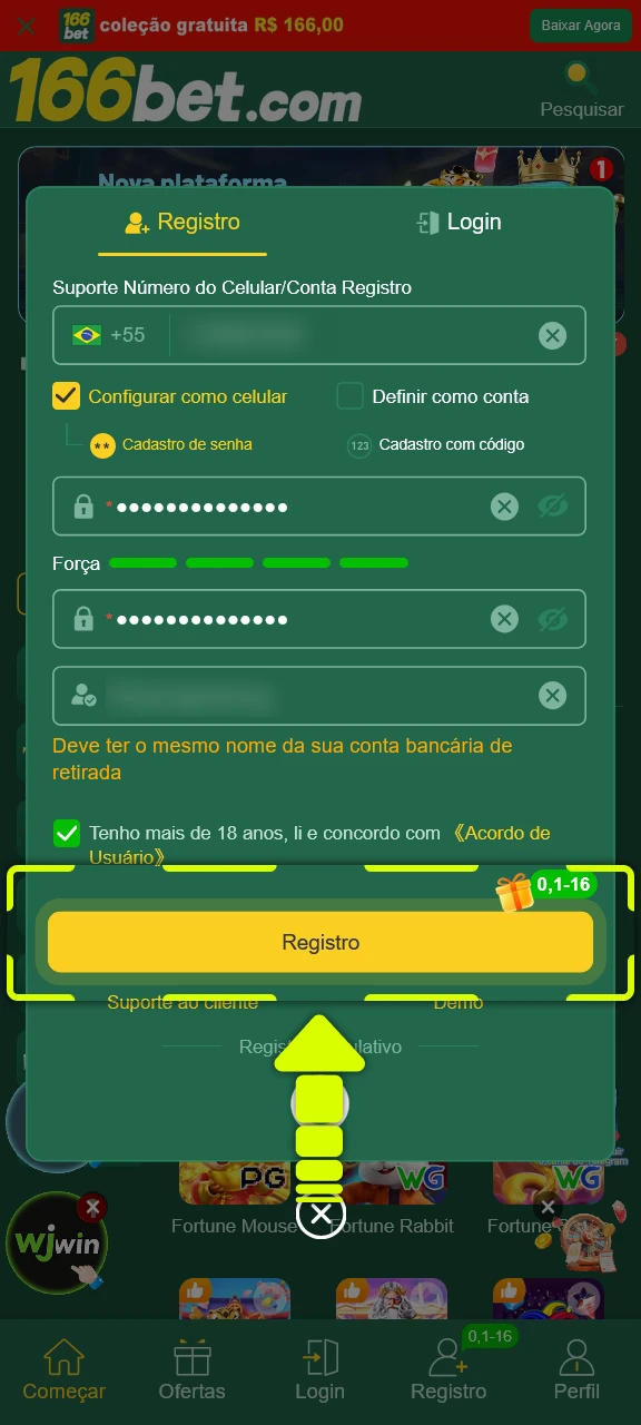 Confirme os dados e finalize seu cadastro no aplicativo da 166bet.