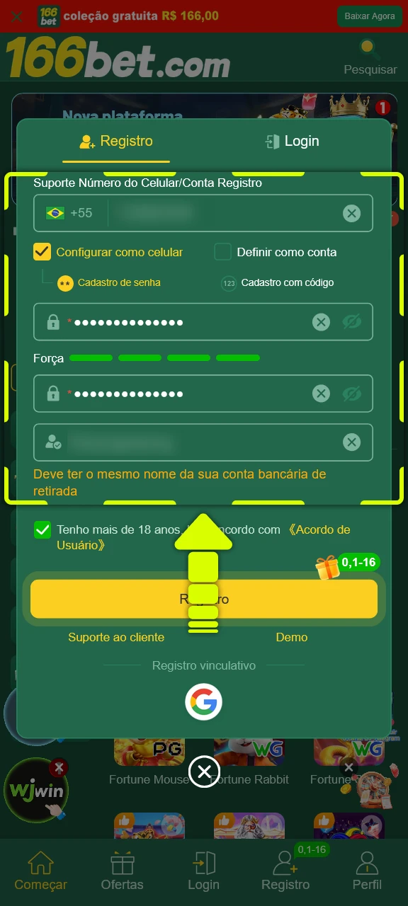 Insira suas informações pessoais para finalizar o cadastro no aplicativo 166bet.