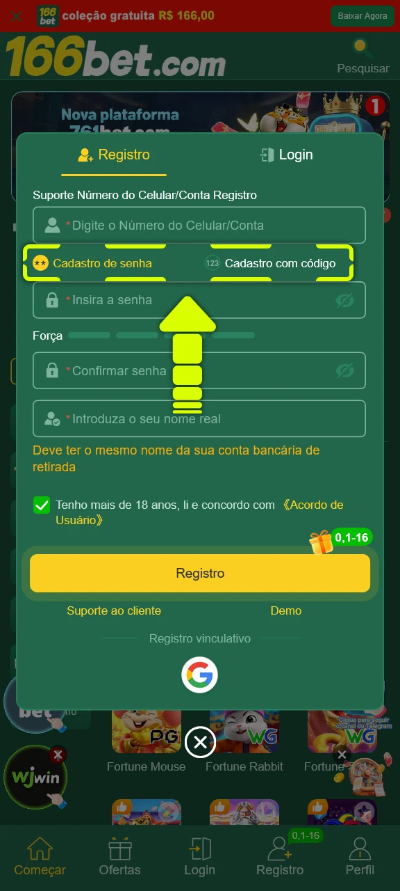 Selecione a melhor opção de cadastro no aplicativo móvel 166bet.